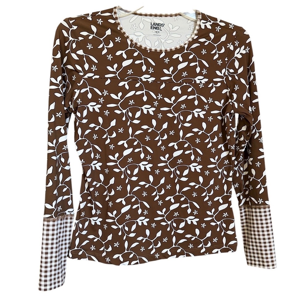 Lands End Womens Rash Guard Brown White Floral Gingham Long Sleeve Swim Top XS
